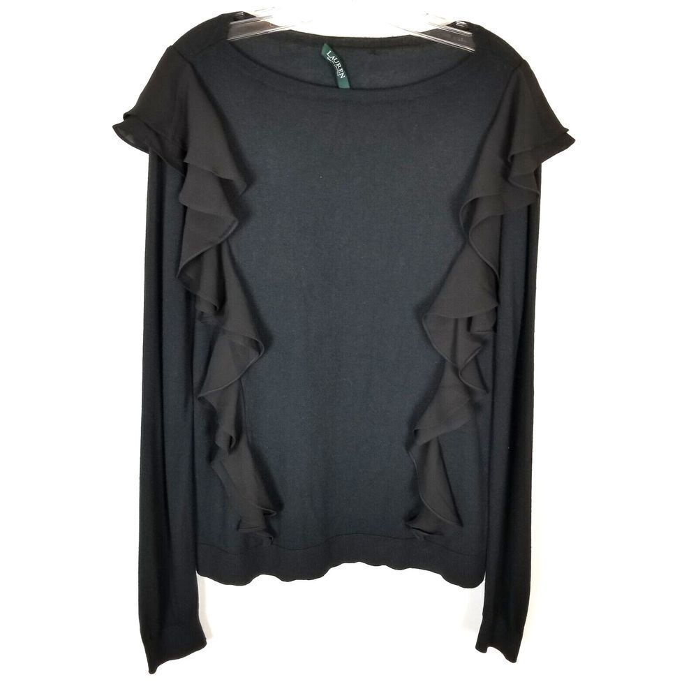 Lauren Ralph Lauren Women Silk Blend Sweater Size XL Black Pullover Ruffle‎ Trim